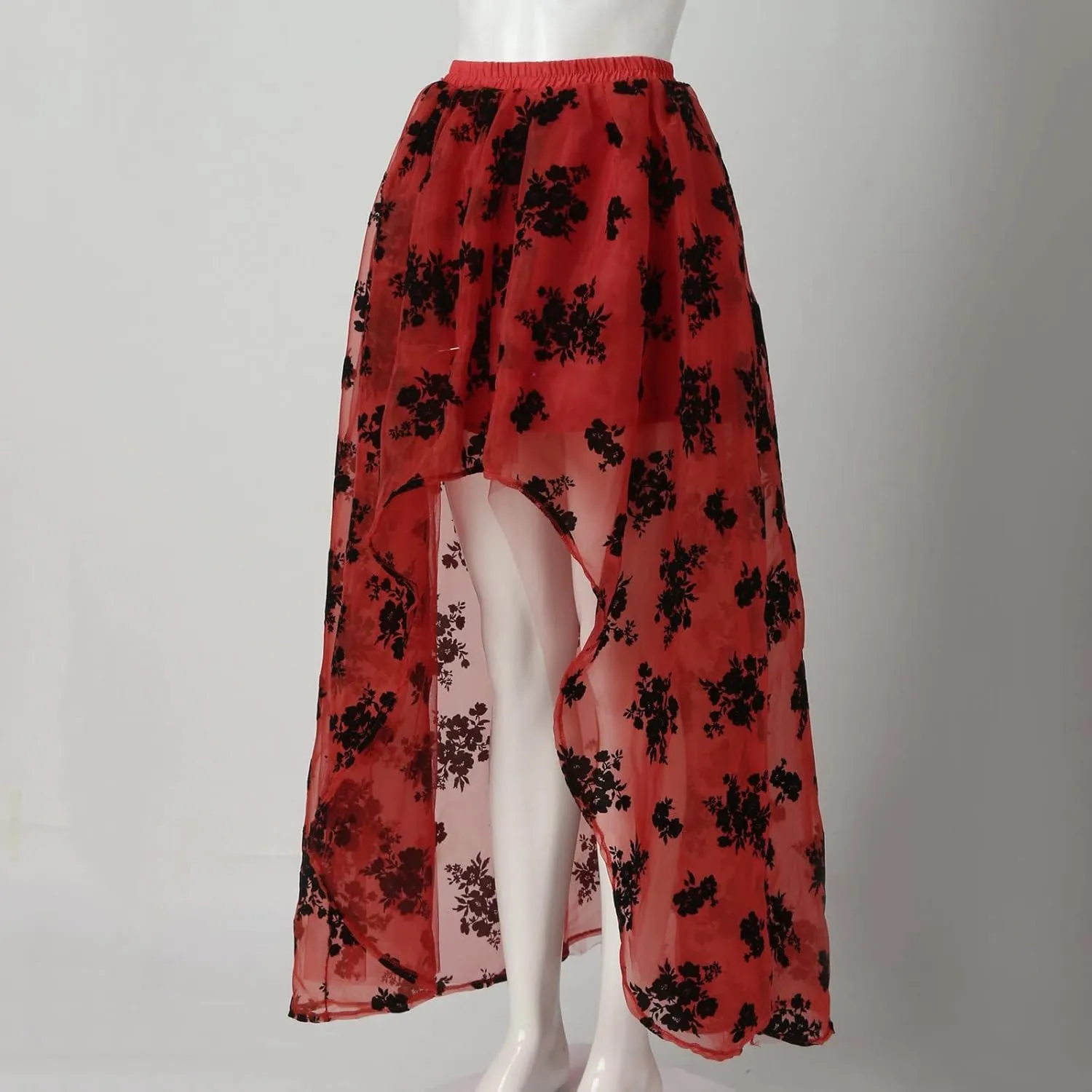 Tulle Skirts for Women Double-Layered Tutu Elastic Waist Floral Print Mesh High Low Asymmetrical A-Line Midi Skirt