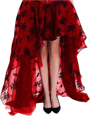 Tulle Skirts for Women Double-Layered Tutu Elastic Waist Floral Print Mesh High Low Asymmetrical A-Line Midi Skirt