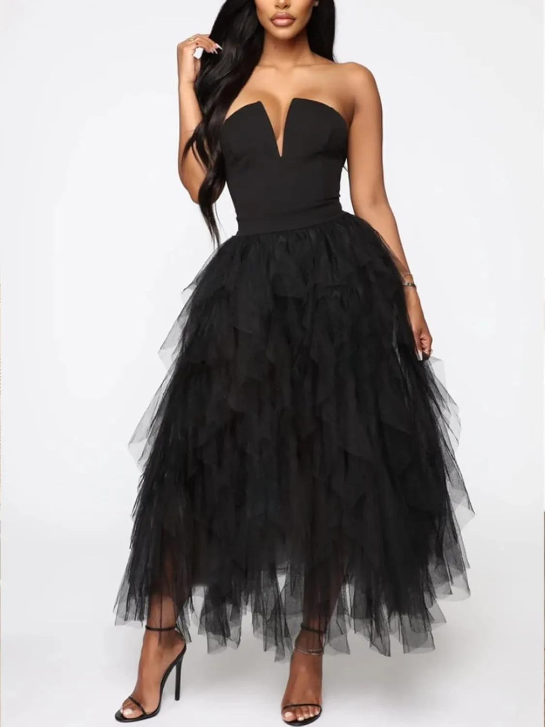 Tulle Skirts for Women Long Length Tutu Fairy Tiered Skirt A Line Mesh Elastic Waist Skirts