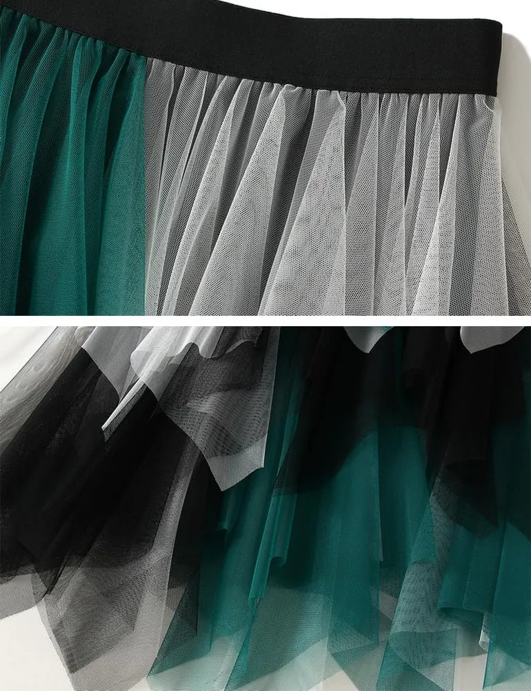 Tulle Skirts for Women Midi Length High Waisted Asymmetrical Pleated Layered Mesh Skirt