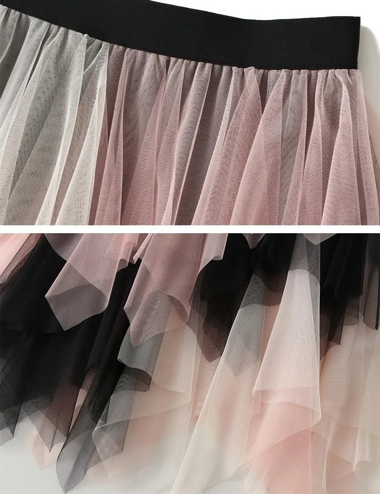 Tulle Skirts for Women Midi Length High Waisted Asymmetrical Pleated Layered Mesh Skirt