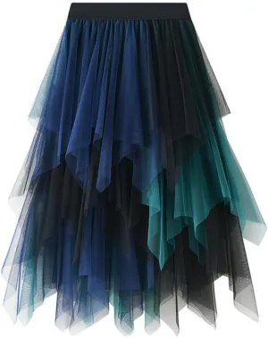Tulle Skirts for Women Midi Length High Waisted Asymmetrical Pleated Layered Mesh Skirt