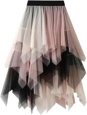Tulle Skirts for Women Midi Length High Waisted Asymmetrical Pleated Layered Mesh Skirt