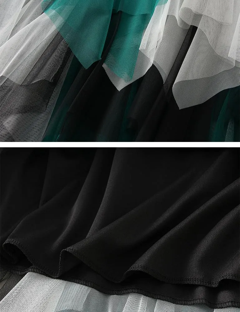 Tulle Skirts for Women Midi Length High Waisted Asymmetrical Pleated Layered Mesh Skirt