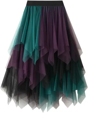 Tulle Skirts for Women Midi Length High Waisted Asymmetrical Pleated Layered Mesh Skirt