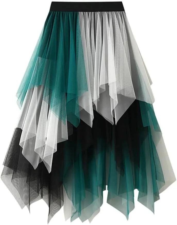 Tulle Skirts for Women Midi Length High Waisted Asymmetrical Pleated Layered Mesh Skirt