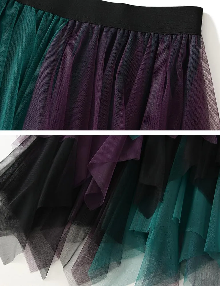 Tulle Skirts for Women Midi Length High Waisted Asymmetrical Pleated Layered Mesh Skirt