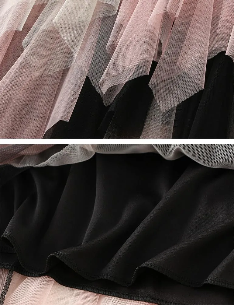 Tulle Skirts for Women Midi Length High Waisted Asymmetrical Pleated Layered Mesh Skirt