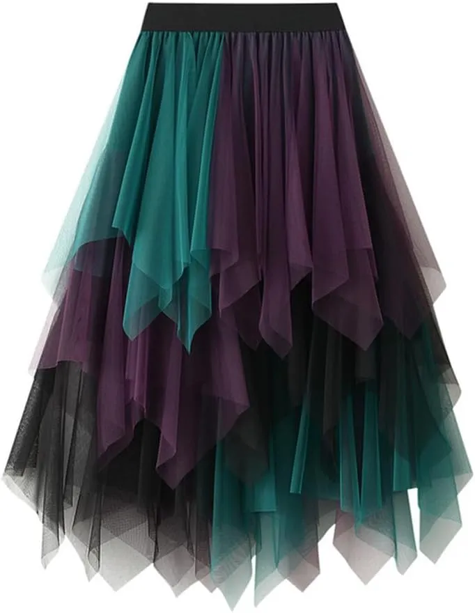 Tulle Skirts for Women Midi Length High Waisted Asymmetrical Pleated Layered Mesh Skirt