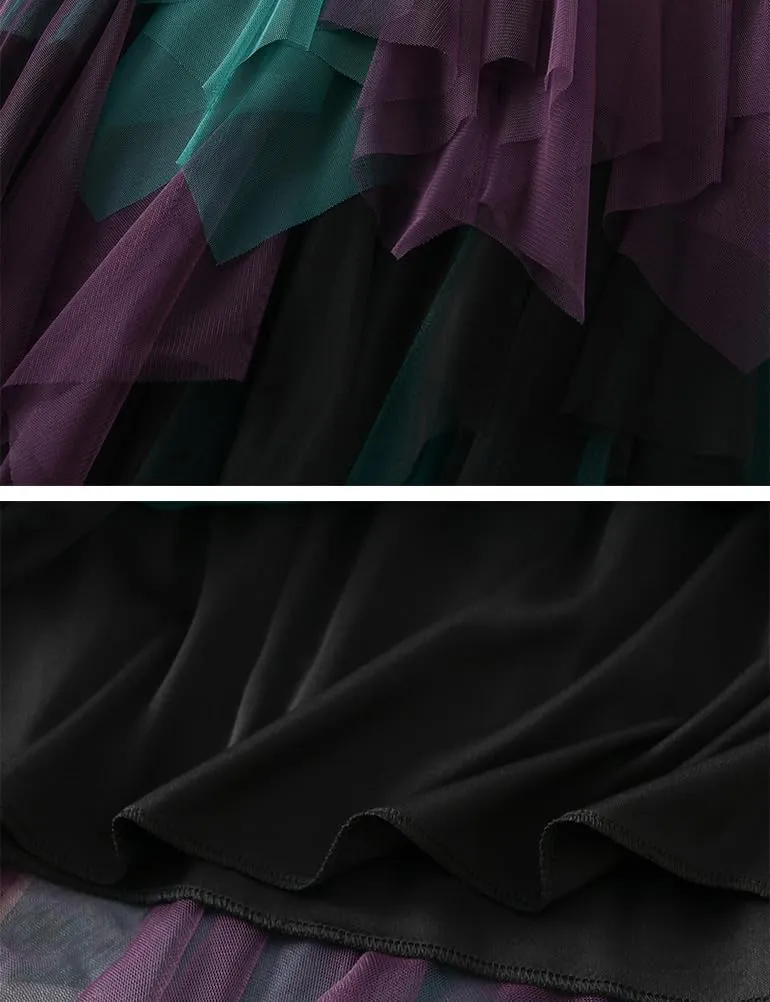 Tulle Skirts for Women Midi Length High Waisted Asymmetrical Pleated Layered Mesh Skirt