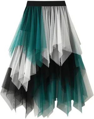 Tulle Skirts for Women Midi Length High Waisted Asymmetrical Pleated Layered Mesh Skirt