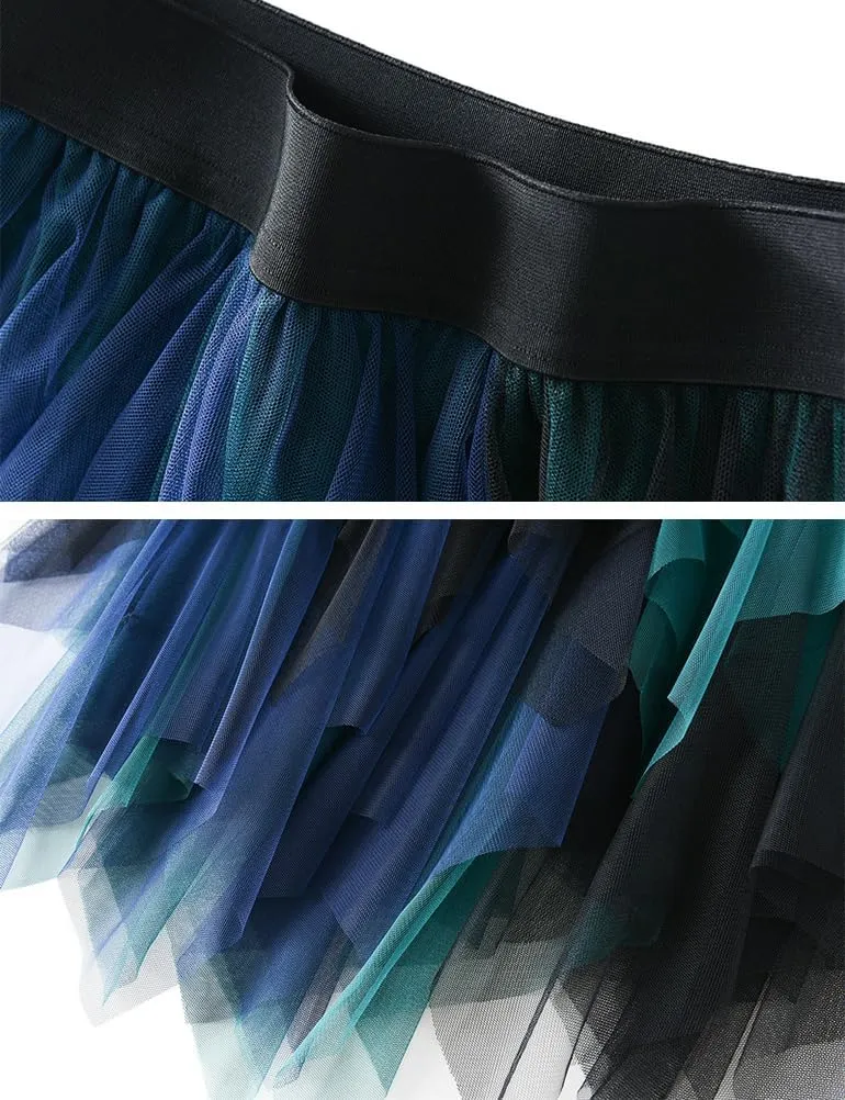 Tulle Skirts for Women Midi Length High Waisted Asymmetrical Pleated Layered Mesh Skirt