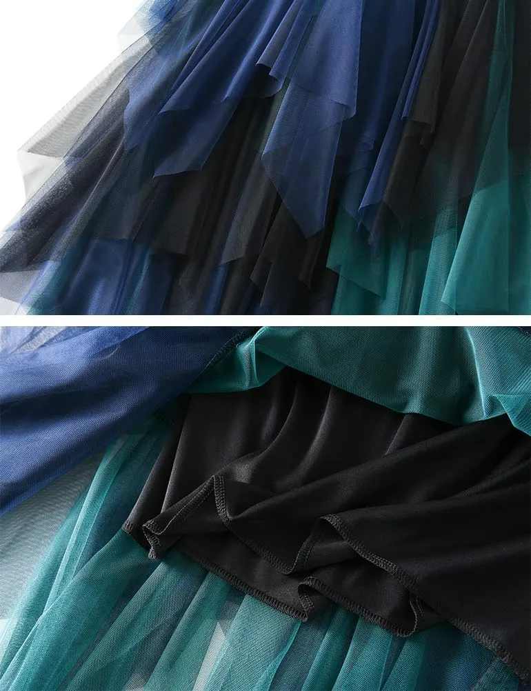 Tulle Skirts for Women Midi Length High Waisted Asymmetrical Pleated Layered Mesh Skirt