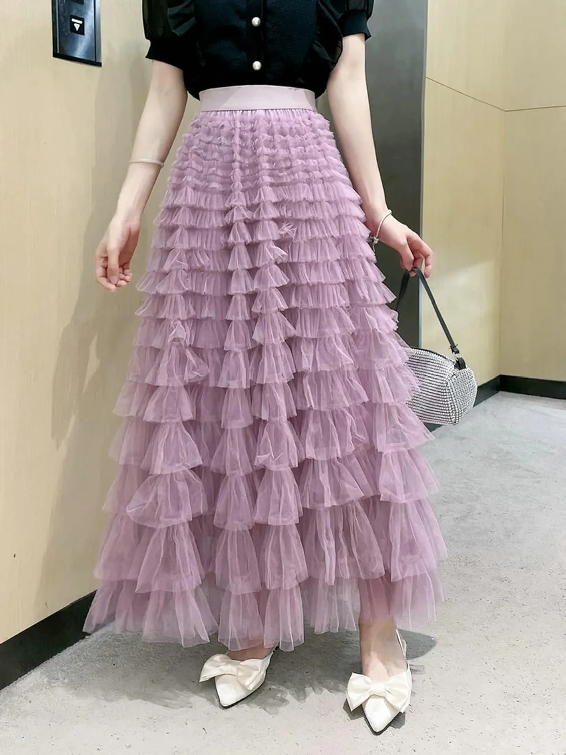 Tulle Skirts for Women, Tiered Layered Mesh Skirt, Elastic Waist A Line Maxi Tulle Skirts Petticoat
