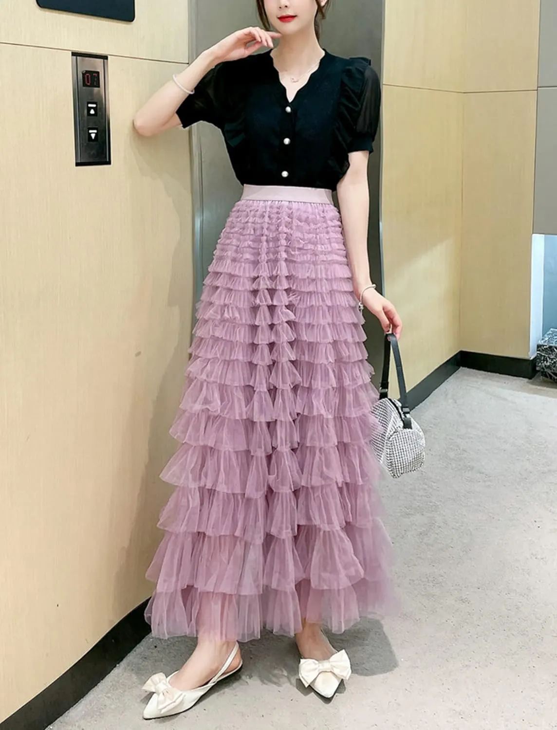 Tulle Skirts for Women, Tiered Layered Mesh Skirt, Elastic Waist A Line Maxi Tulle Skirts Petticoat
