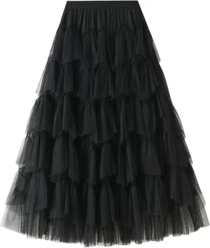 Tulle Skirts for Women, Tiered Layered Mesh Skirt, Elastic Waist A Line Maxi Tulle Skirts Petticoat