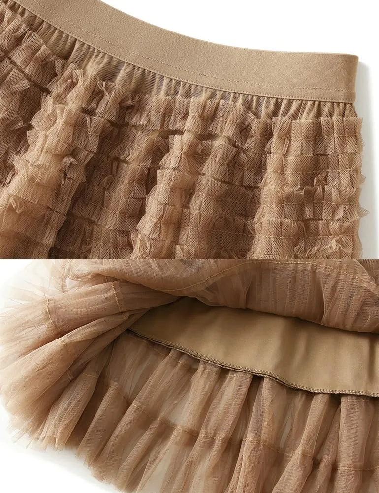Tulle Skirts for Women Trendy High Waisted A Line Fluffy Fairy Pleated Layered Ruffle Midi Skirt