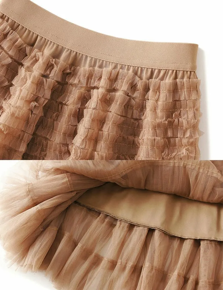 Tulle Skirts for Women Trendy High Waisted A Line Fluffy Fairy Pleated Layered Ruffle Midi Skirt