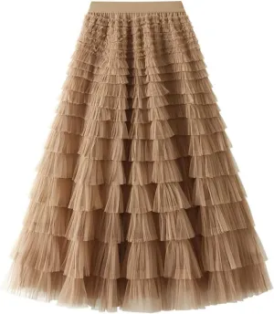 Tulle Skirts for Women Trendy High Waisted A Line Fluffy Fairy Pleated Layered Ruffle Midi Skirt