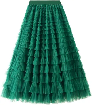 Tulle Skirts for Women Trendy High Waisted A Line Fluffy Fairy Pleated Layered Ruffle Midi Skirt