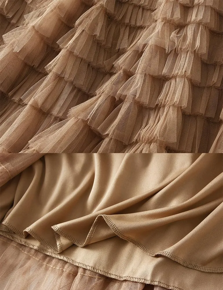 Tulle Skirts for Women Trendy High Waisted A Line Fluffy Fairy Pleated Layered Ruffle Midi Skirt