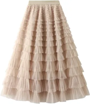 Tulle Skirts for Women Trendy High Waisted A Line Fluffy Fairy Pleated Layered Ruffle Midi Skirt