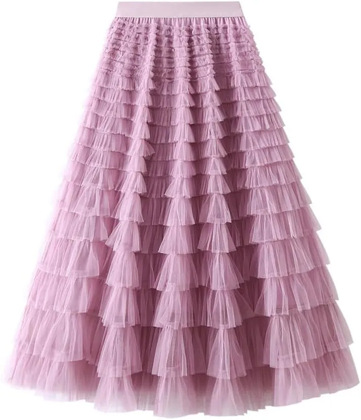 Tulle Skirts for Women Trendy High Waisted A Line Fluffy Fairy Pleated Layered Ruffle Midi Skirt