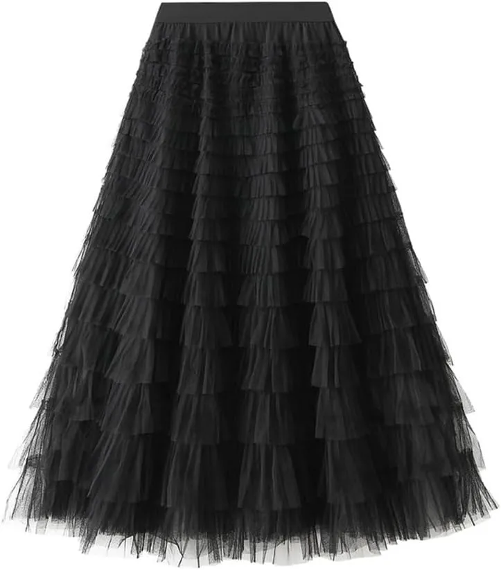 Tulle Skirts for Women Trendy High Waisted A Line Fluffy Fairy Pleated Layered Ruffle Midi Skirt