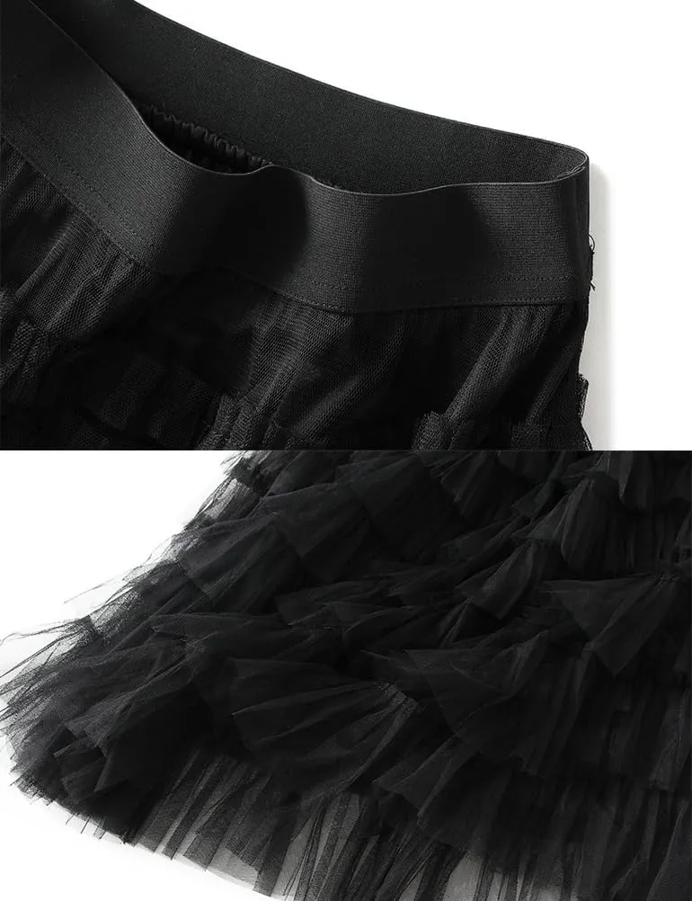 Tulle Skirts for Women Trendy High Waisted A Line Fluffy Fairy Pleated Layered Ruffle Midi Skirt
