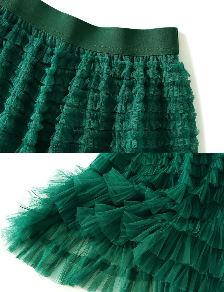 Tulle Skirts for Women Trendy High Waisted A Line Fluffy Fairy Pleated Layered Ruffle Midi Skirt