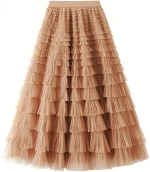 Tulle Skirts for Women Trendy High Waisted A Line Fluffy Fairy Pleated Layered Ruffle Midi Skirt