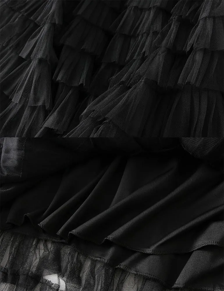 Tulle Skirts for Women Trendy High Waisted A Line Fluffy Fairy Pleated Layered Ruffle Midi Skirt