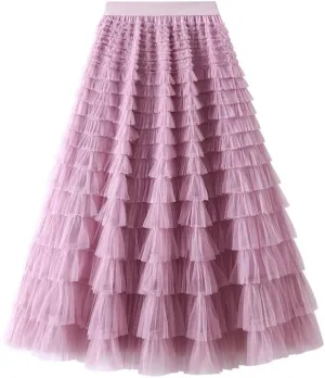 Tulle Skirts for Women Trendy High Waisted A Line Fluffy Fairy Pleated Layered Ruffle Midi Skirt