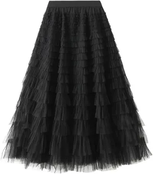 Tulle Skirts for Women Trendy High Waisted A Line Fluffy Fairy Pleated Layered Ruffle Midi Skirt
