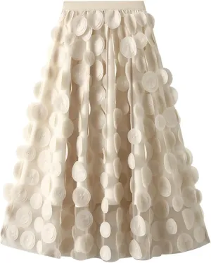 Tulle Skirts Women 3D Polka Dot Elastic Waist Mesh Flowy A-Line Midi Skirts Wedding Party Outfits Punk Tulle Skirt