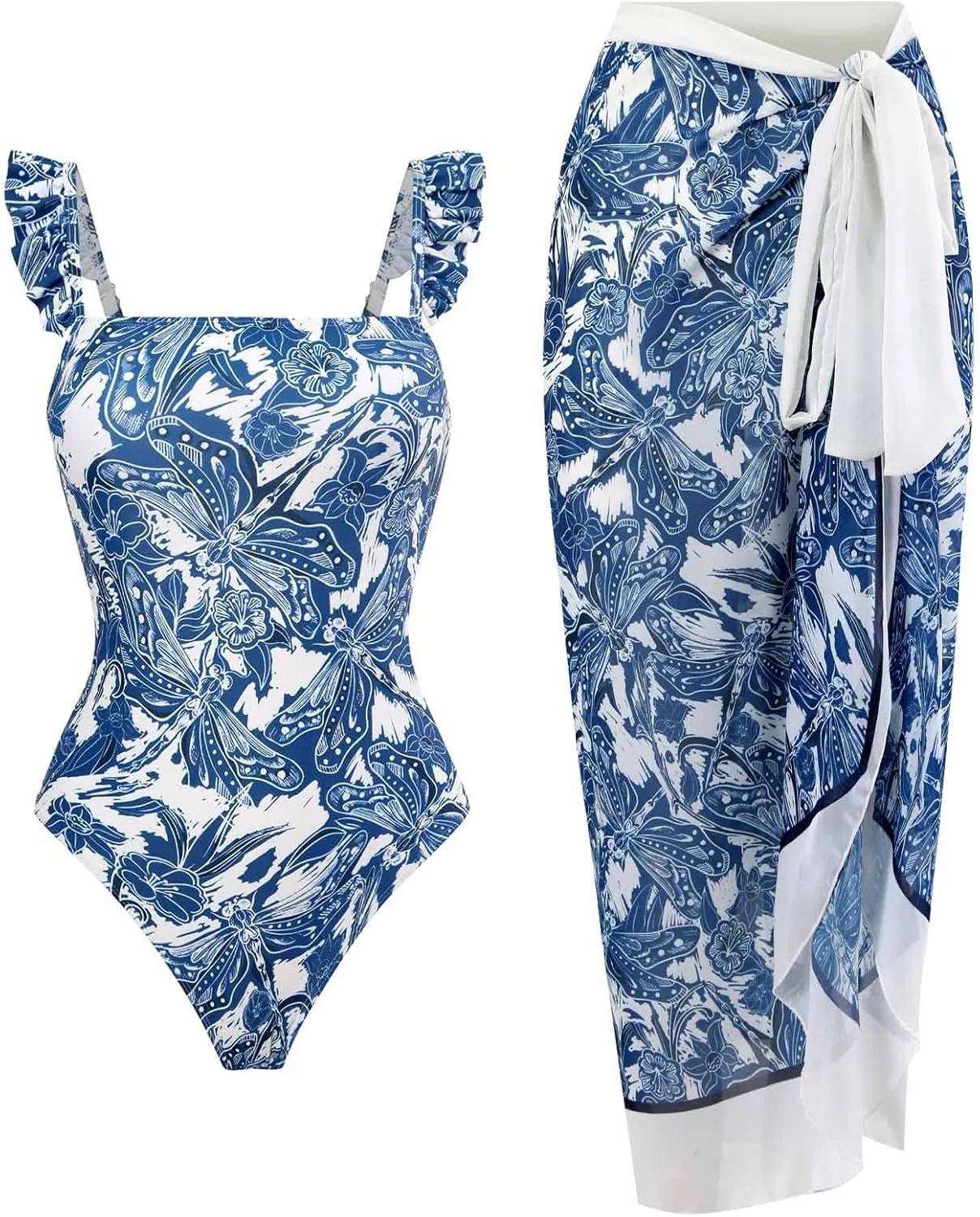 Two Piece Bathing Suits for Women Tummy Control Swimsuit Beach Coverup Maxi Wrap Skirts High Waisted Bikini Tankini Set
