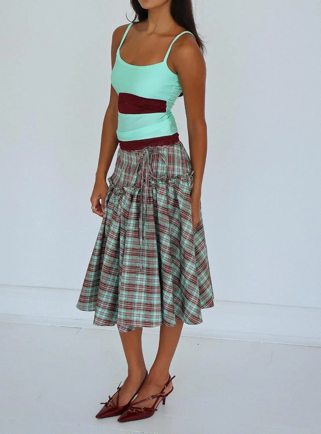 UAURORAO Women Gingham Midi Skirt Tie Up Waist Wrap Skirts Plaid Frill Ruffle Patchwork Maxi Skirt Vintage Streetwear