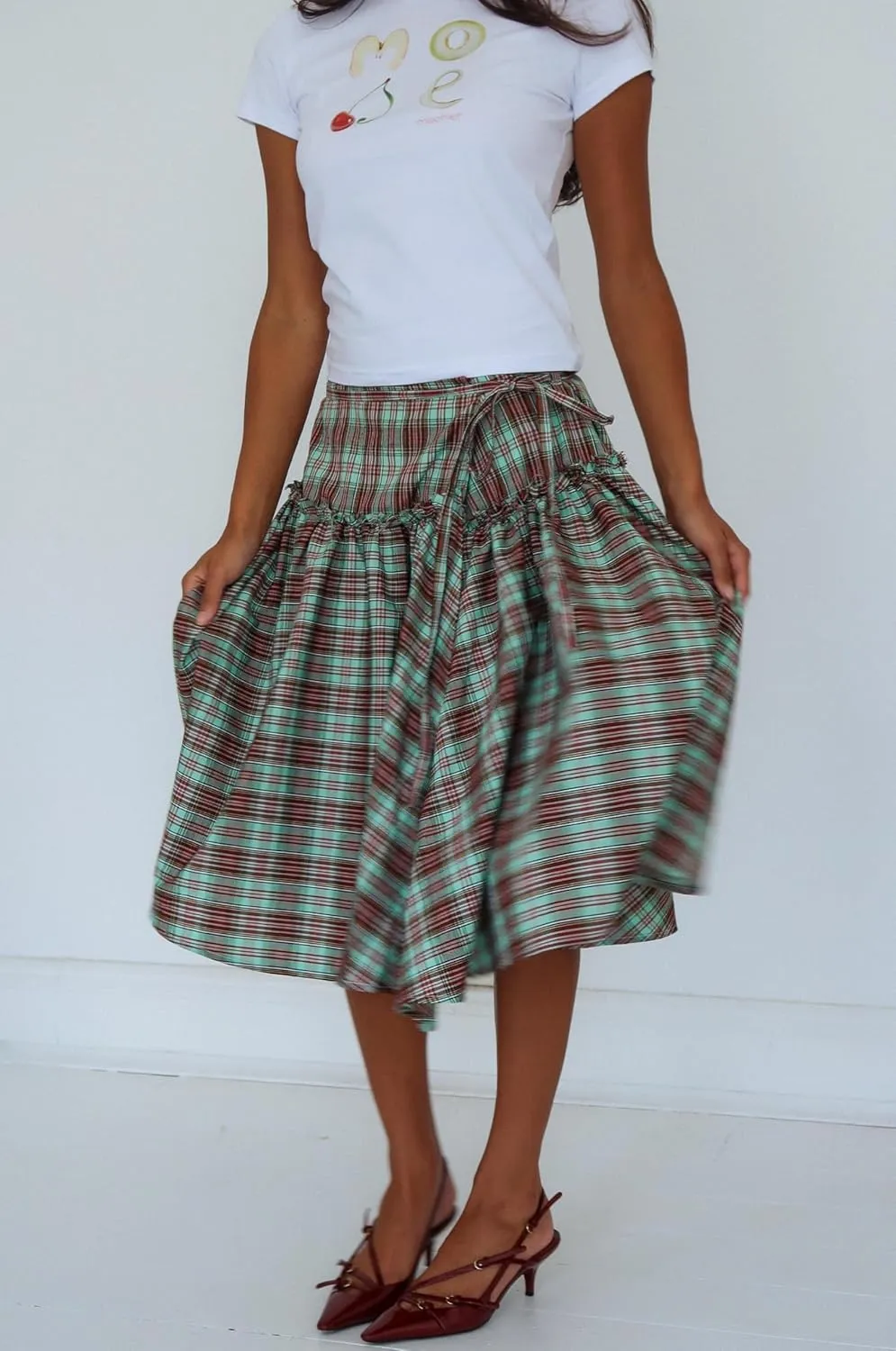 UAURORAO Women Gingham Midi Skirt Tie Up Waist Wrap Skirts Plaid Frill Ruffle Patchwork Maxi Skirt Vintage Streetwear
