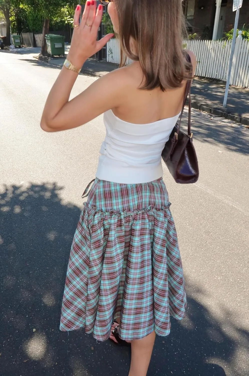 UAURORAO Women Gingham Midi Skirt Tie Up Waist Wrap Skirts Plaid Frill Ruffle Patchwork Maxi Skirt Vintage Streetwear