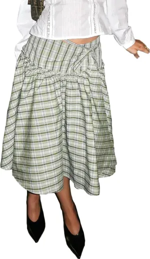 UAURORAO Women Gingham Midi Skirt Tie Up Waist Wrap Skirts Plaid Frill Ruffle Patchwork Maxi Skirt Vintage Streetwear