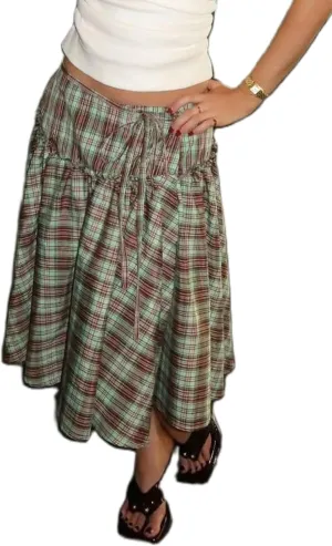 UAURORAO Women Gingham Midi Skirt Tie Up Waist Wrap Skirts Plaid Frill Ruffle Patchwork Maxi Skirt Vintage Streetwear