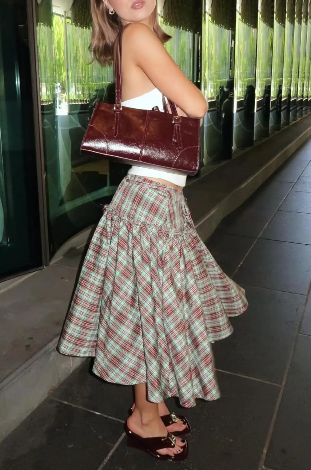 UAURORAO Women Gingham Midi Skirt Tie Up Waist Wrap Skirts Plaid Frill Ruffle Patchwork Maxi Skirt Vintage Streetwear