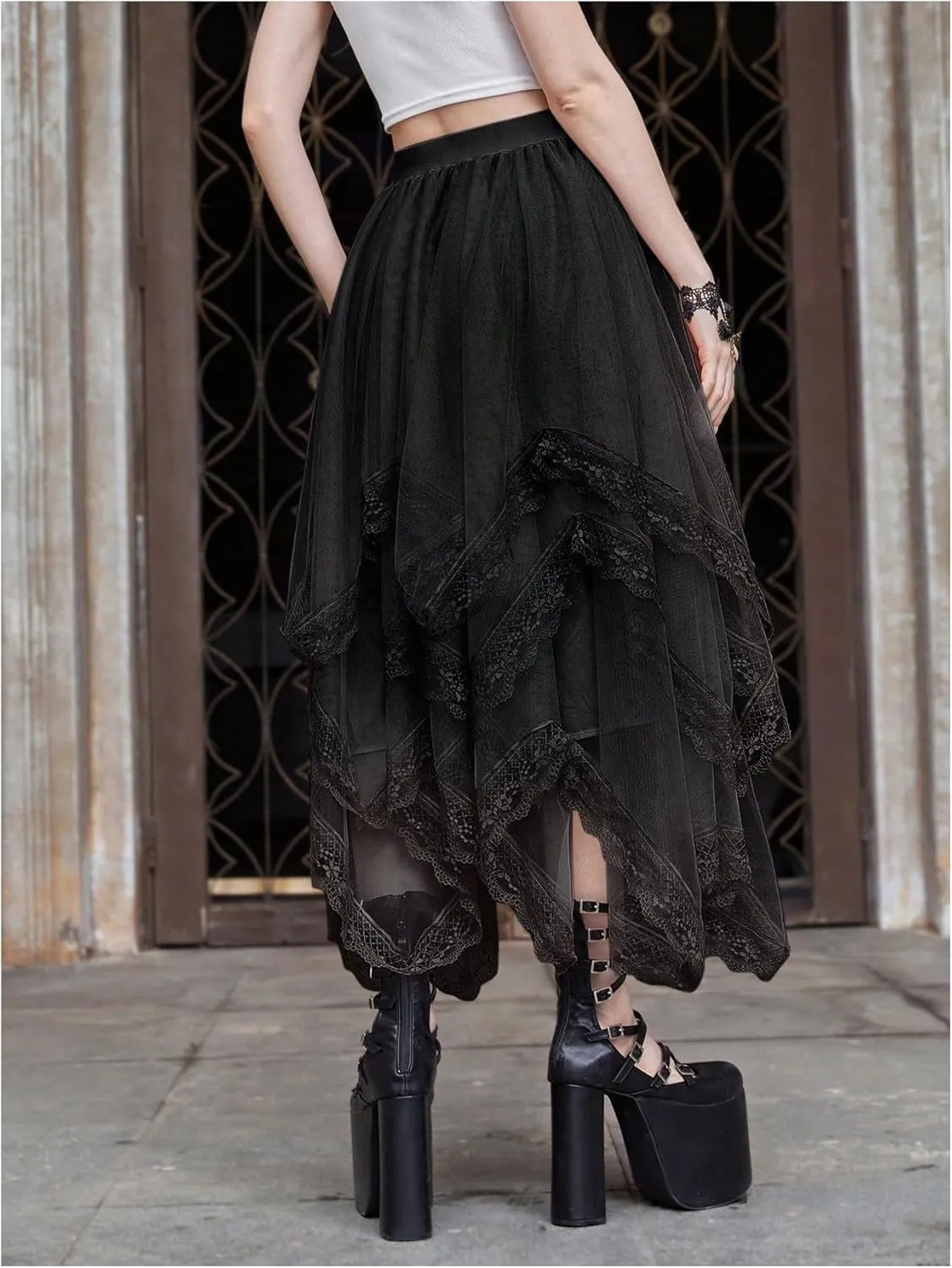 Verdusa Women's Asymmetrical Tulle Skirts Elastic High Waist Ruffle Tiered Mesh Long Skirt