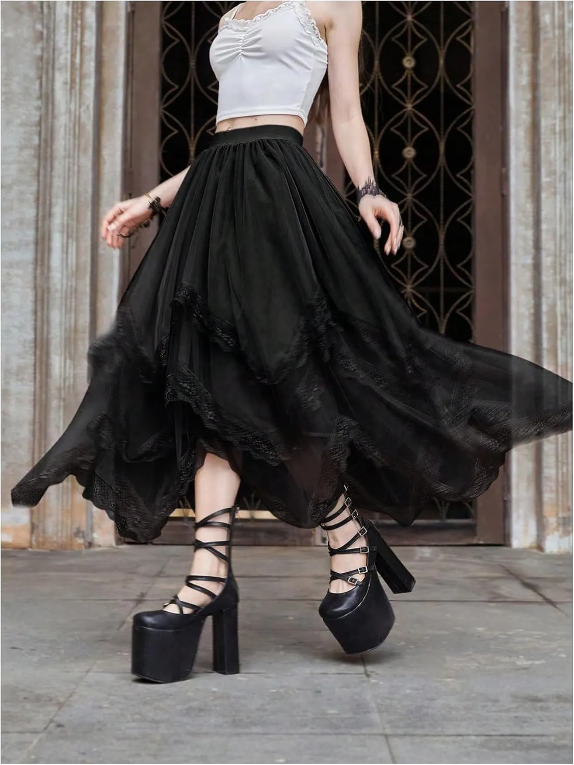 Verdusa Women's Asymmetrical Tulle Skirts Elastic High Waist Ruffle Tiered Mesh Long Skirt