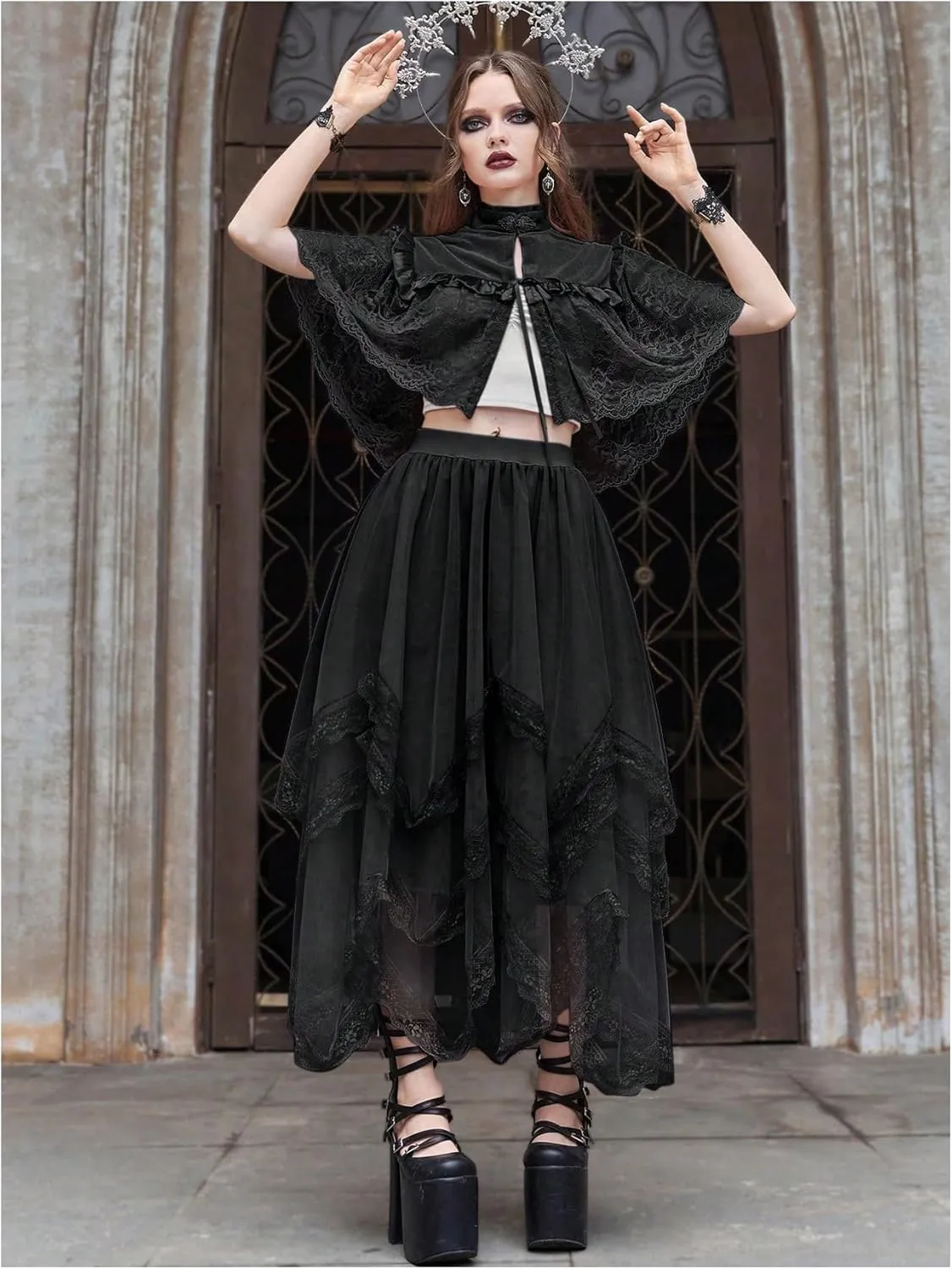 Verdusa Women's Asymmetrical Tulle Skirts Elastic High Waist Ruffle Tiered Mesh Long Skirt