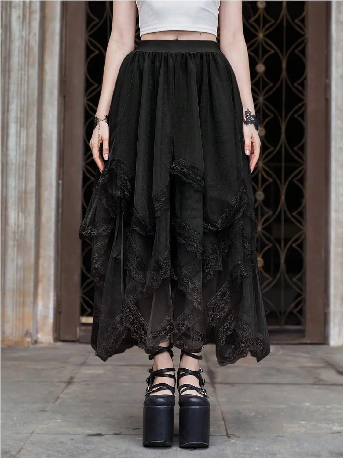 Verdusa Women's Asymmetrical Tulle Skirts Elastic High Waist Ruffle Tiered Mesh Long Skirt