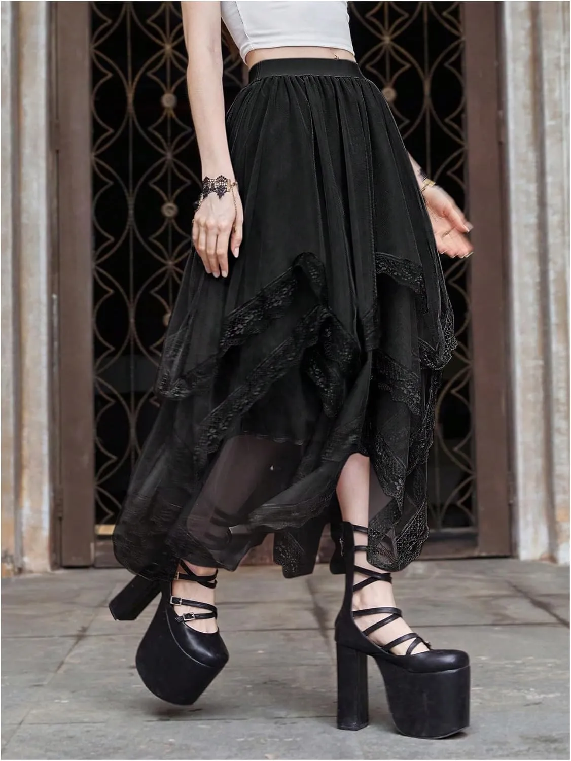 Verdusa Women's Asymmetrical Tulle Skirts Elastic High Waist Ruffle Tiered Mesh Long Skirt