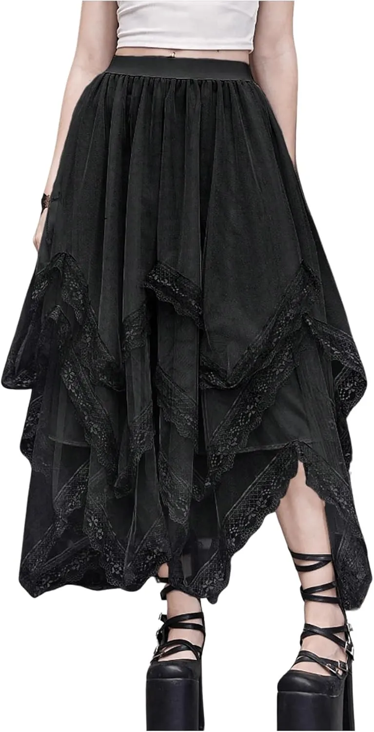 Verdusa Women's Asymmetrical Tulle Skirts Elastic High Waist Ruffle Tiered Mesh Long Skirt