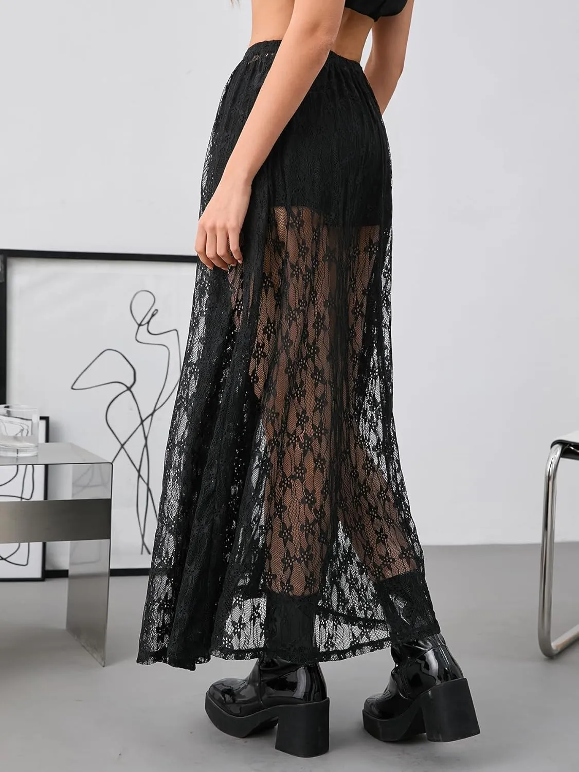 Verdusa Women's See Through Lace Skirts Elastic High Waist Sheer A Line Long Skirt