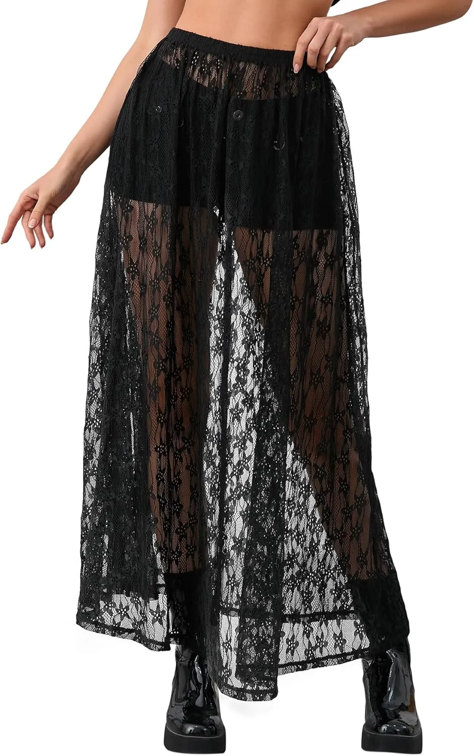 Verdusa Women's See Through Lace Skirts Elastic High Waist Sheer A Line Long Skirt